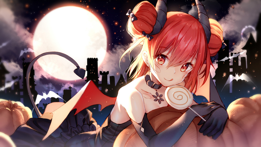 1girl :q bare_shoulders bat bison_cangshu black_dress black_gloves blush candy character_request collar demon_horns demon_tail demon_wings double_bun dress elbow_gloves food full_moon gloves hair_between_eyes halloween highres horns idollers lollipop long_hair looking_at_viewer lying moon night on_stomach red_eyes red_moon redhead solo tail tongue tongue_out wings