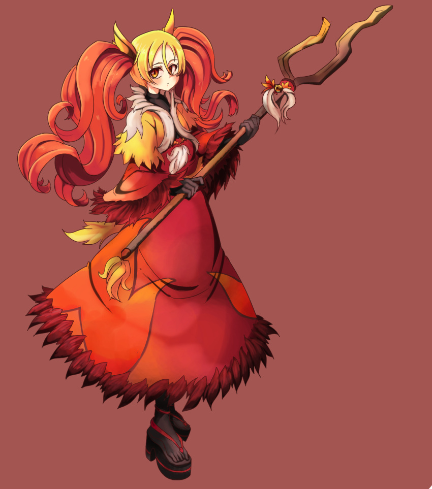 1girl black_footwear black_gloves borokuro brown_eyes delphox full_body gloves highres holding holding_staff long_hair looking_at_viewer personification pokemon red_robe solo staff standing twintails