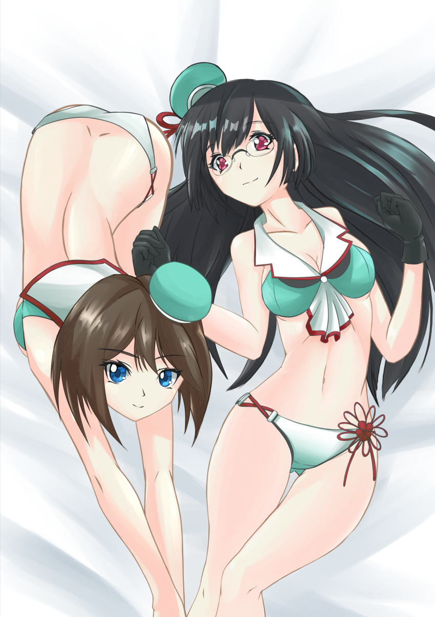 2girls adapted_costume all_fours ass beret bikini black_gloves black_hair blue_eyes brown_hair choukai_(kantai_collection) deekei glasses gloves green_hat hair_ornament hat highres kantai_collection long_hair looking_at_viewer lying maya_(kantai_collection) multiple_girls red_eyes remodel_(kantai_collection) rimless_eyewear short_hair side-tie_bikini swimsuit x_hair_ornament