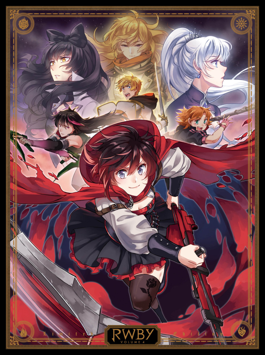 2boys 5girls blake_belladonna commentary_request crescent_rose crocea_mors_(rwby) highres jaune_arc kuma_(bloodycolor) lie_ren multiple_boys multiple_girls official_art ruby_rose rwby weiss_schnee yang_xiao_long