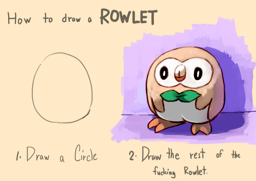 absurdres bird black_eyes bright_pupils character_name commentary english highres how_to how_to_draw_an_owl kion-kun looking_at_viewer meme no_humans orange_background parody pokemon pokemon_(creature) rowlet simple_background solo
