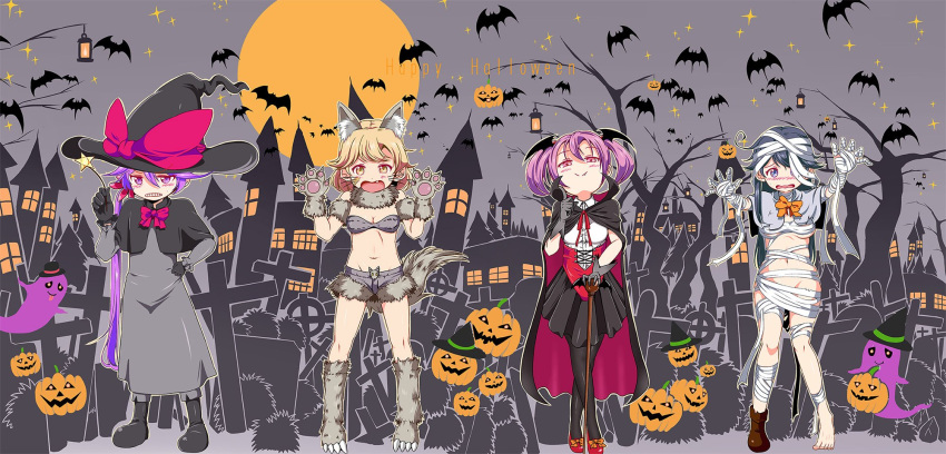 4girls ahoge akebono_(kantai_collection) animal_ears bandage bandaid bandaid_on_face bat bat_wings bikini_top black_hair blonde_hair blue_eyes blush boots bow breasts building cane cape clenched_teeth commentary_request cosplay cross dress embarrassed fang finger_to_cheek flower full_body full_moon fur_bikini fur_boots fur_collar fur_trim ghost gloves graveyard hair_between_eyes hair_flower hair_ornament halloween halloween_costume hand_on_hip hands_up hat hat_bow head_wings highres jack-o'-lantern kantai_collection lantern legs_together long_hair looking_at_viewer moon multiple_girls mummy navel night night_sky no_bra no_panties oboro_(kantai_collection) one_eye_covered open_mouth pantyhose pink_eyes pink_hair pleated_skirt purple_hair sazanami_(kantai_collection) shawl shino_(ponjiyuusu) shirt shoe_bow shoes short_hair shorts side_ponytail single_shoe skirt sky sleeveless small_breasts standing star star_(sky) tail teeth tombstone tree twintails ushio_(kantai_collection) vampire_costume very_long_hair violet_eyes wand window wings witch_hat wolf_ears wolf_tail yellow_eyes