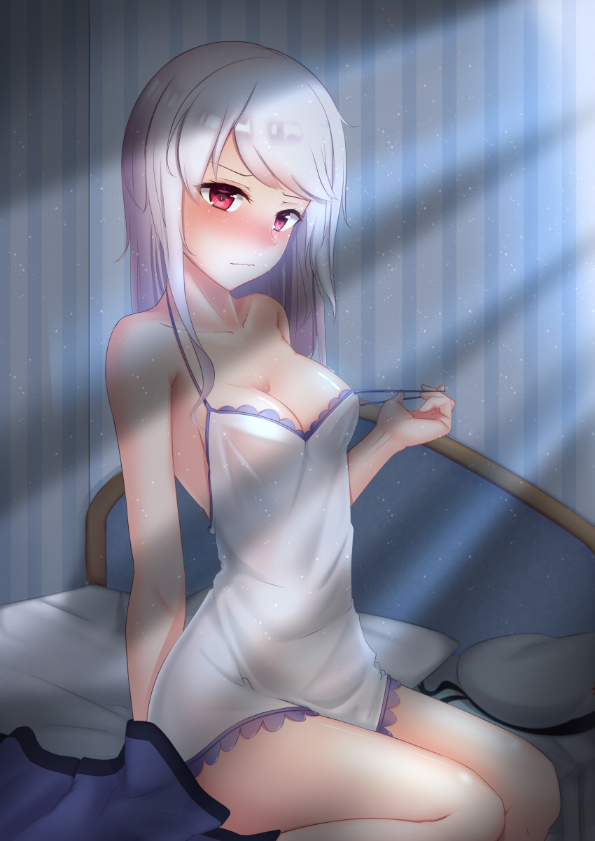 1girl absurdres arm_support bed blush breasts cleavage collarbone highres indoors lingerie long_hair looking_at_viewer lux_(pixiv4480548) medium_breasts negligee off_shoulder pillow red_eyes shiny shiny_skin sideboob silver_hair sitting solo striped striped_background underwear zhan_jian_shao_nyu