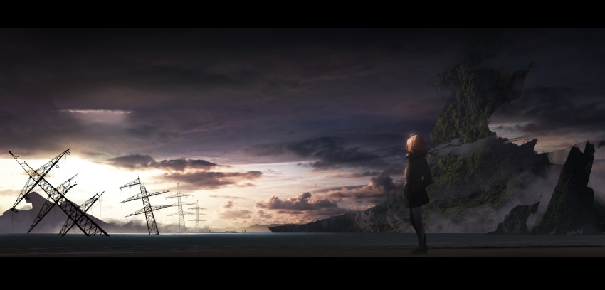 absurdres asuteroid black_jacket clouds cloudy_sky commentary day from_side grey_legwear hands_in_pockets highres jacket letterboxed long_sleeves mountain original outdoors overcast pantyhose pink_hair ruins short_hair sky standing transmission_tower