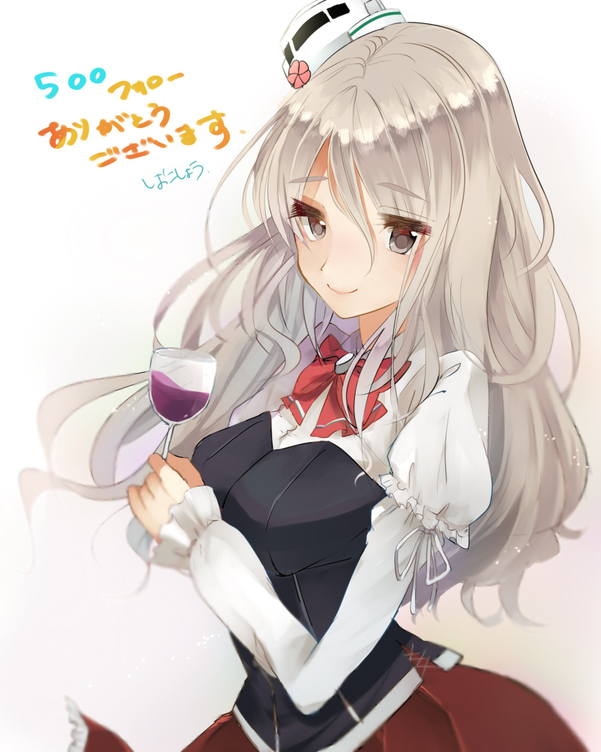 1girl absurdres alcohol bow bowtie breasts brown_eyes corset cup drinking_glass grey_hair hair_between_eyes hat highres kantai_collection large_breasts long_hair looking_at_viewer mini_hat pola_(kantai_collection) shirt siosiok_02 skirt smile solo wavy_hair white_shirt wine wine_glass