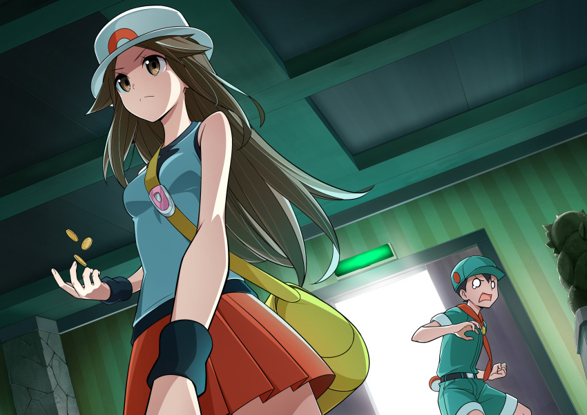 1boy 1girl absurdres bag bare_arms baseball_cap black_hair blue_(pokemon) breasts brown_eyes brown_hair coin hat highres long_hair npc o_o poke_ball pokemon pokemon_(game) pokemon_frlg red_skirt shirt shocked_eyes shorts skirt sleeveless sleeveless_shirt sun_hat wristband