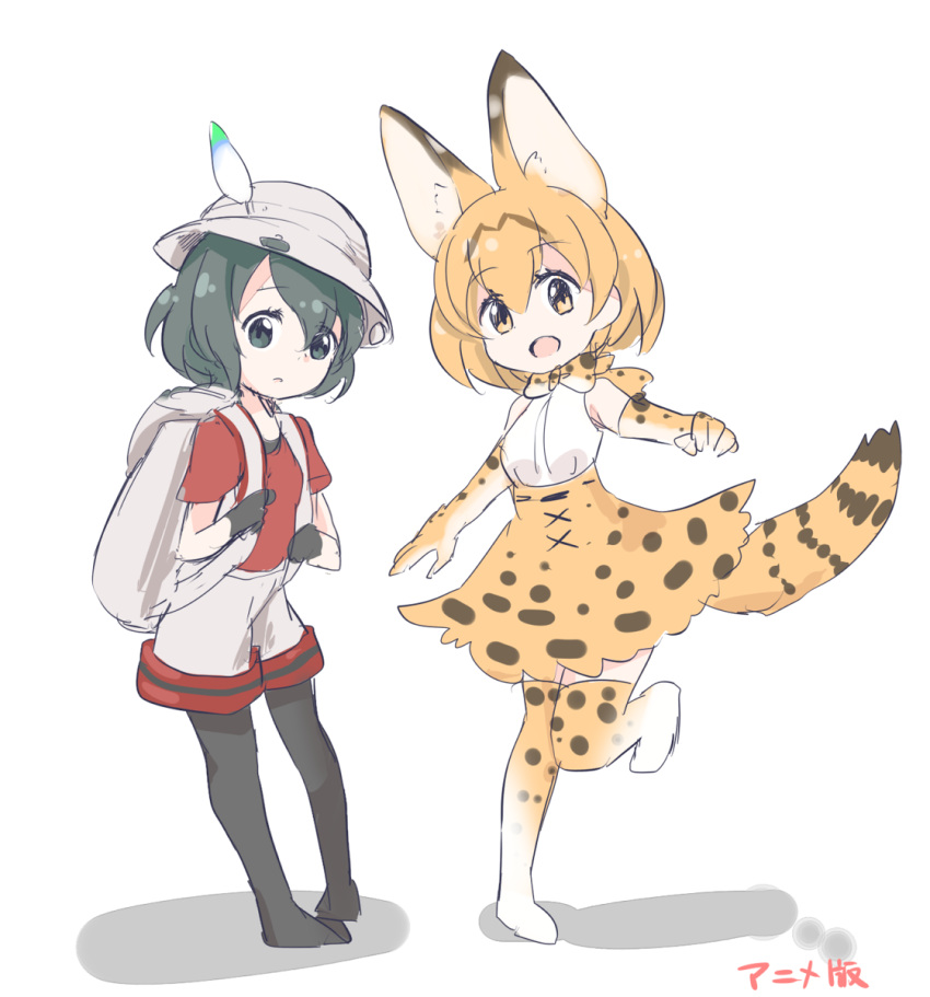 2girls animal_ears backpack bag black_eyes black_gloves black_hair black_legwear blonde_hair bow bowtie elbow_gloves extra_ears eyebrows_visible_through_hair gloves hair_between_eyes hat hat_feather high-waist_skirt highres holding_strap kaban_(kemono_friends) kemono_friends looking_at_viewer multiple_girls open_mouth pantyhose print_gloves print_legwear print_neckwear print_skirt red_shirt serval_(kemono_friends) serval_ears serval_print serval_tail shadow shirt short_hair short_sleeves shorts simple_background skirt sleeveless standing standing_on_one_leg tail tatsuno_newo thigh-highs translated white_background yellow_eyes zettai_ryouiki
