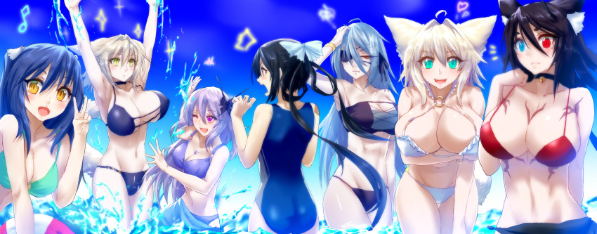 6+girls :d absurdres ahoge animal_ears armpits arms_up ass bangs bare_arms bare_shoulders beach bell bell_choker bikini black_bikini black_hair black_neckwear blonde_hair blue_bikini blue_eyes blue_hair blue_sky blue_swimsuit blush bouncing_breasts bracelet breasts choker cleavage closed_mouth commentary_request cowboy_shot d: day eyebrows_visible_through_hair eyepatch hair_between_eyes hair_ribbon hand_on_own_head hand_up heart heterochromia highres huge_breasts innertube jewelry jingle_bell large_breasts leaning_forward long_hair looking_at_viewer minarai_tenna multiple_girls navel necklace one-piece_swimsuit one_eye_closed one_eye_covered open_mouth original outdoors pink_eyes ponytail purple_hair red_bikini red_eyes ribbon sky slit_pupils smile splashing standing swimsuit tail tattoo v very_long_hair wading water yellow_eyes