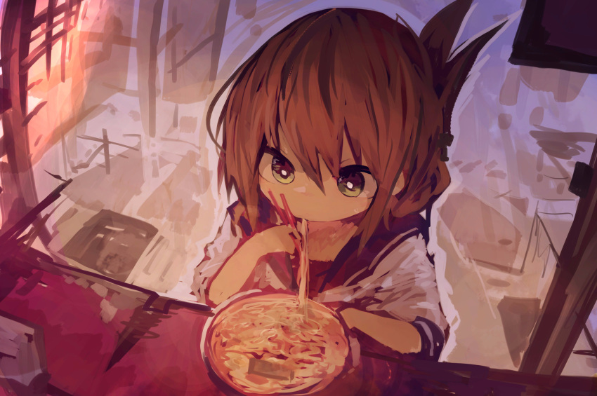 1girl absurdres bangs bowl brown_eyes brown_hair chopsticks eating folded_ponytail food highres holding inazuma_(kantai_collection) kaamin_(mariarose753) kantai_collection noodles ramen school_uniform serafuku solo table