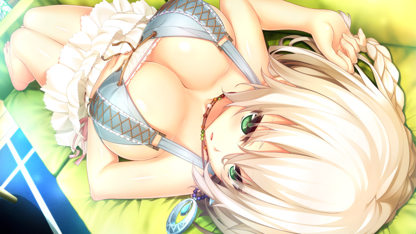 1girl bare_legs blush braid breasts cleavage couch game_cg green_eyes highres jewelry large_breasts looking_at_viewer lying necklace nora_to_oujo_to_noraneko_heart on_back oozora_itsuki open_mouth shachi_yuri short_hair skirt white_hair