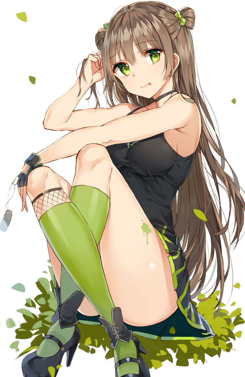 1girl :p absurdres bangs black_dress black_footwear black_gloves black_skirt blush bow breasts brown_hair camisole closed_mouth commentary dog_tags double_bun dress eyebrows_visible_through_hair fingerless_gloves girls_frontline gloves green_bow green_eyes green_legwear hair_between_eyes hair_bow hand_in_hair high_heels highres kneehighs large_breasts leaf long_hair looking_at_viewer mary_janes pleated_skirt revision rfb_(girls_frontline) rikoma shoes short_dress simple_background single_fingerless_glove single_glove sitting skirt smile solo thighs tongue tongue_out white_background