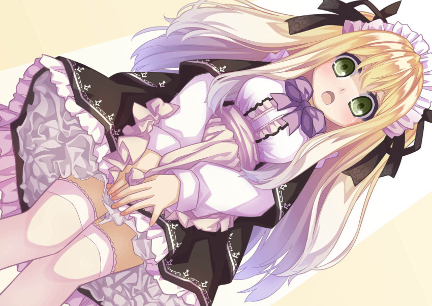 1girl 54hao :o apron bangs black_capelet black_ribbon black_skirt blonde_hair blush bow bowtie breasts capelet center_frills commentary_request covering covering_crotch dutch_angle fingernails frilled_apron frilled_shirt frills green_eyes hair_between_eyes highres long_hair long_sleeves looking_at_viewer looking_down maid maid_headdress medium_breasts open_mouth original petticoat purple_neckwear ribbon shirt sidelocks skirt solo thigh-highs v_arms very_long_hair waist_apron white_apron white_legwear white_shirt