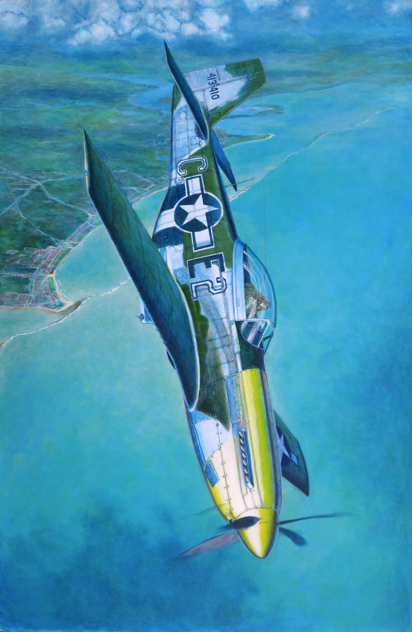 1boy absurdres acrylic_paint_(medium) aircraft airplane biplane calligraphy_brush_(medium) city commentary flying hayashi_toshihiro highres military ocean p-51_mustang scenery solo traditional_media water