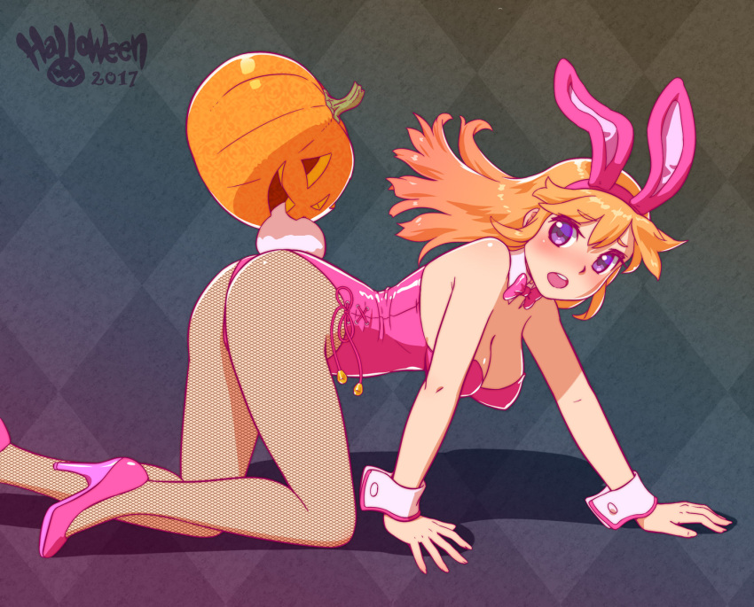 1girl all_fours animal_ears biting bow bowtie bunny_girl bunny_tail bunnysuit checkered checkered_background detached_collar fishnet_pantyhose fishnets fukusuke_hachi-gou highres jack-o'-lantern leotard open_mouth orange_hair original pantyhose pink_leotard pink_neckwear rabbit_ears solo strapless strapless_leotard tail violet_eyes wrist_cuffs