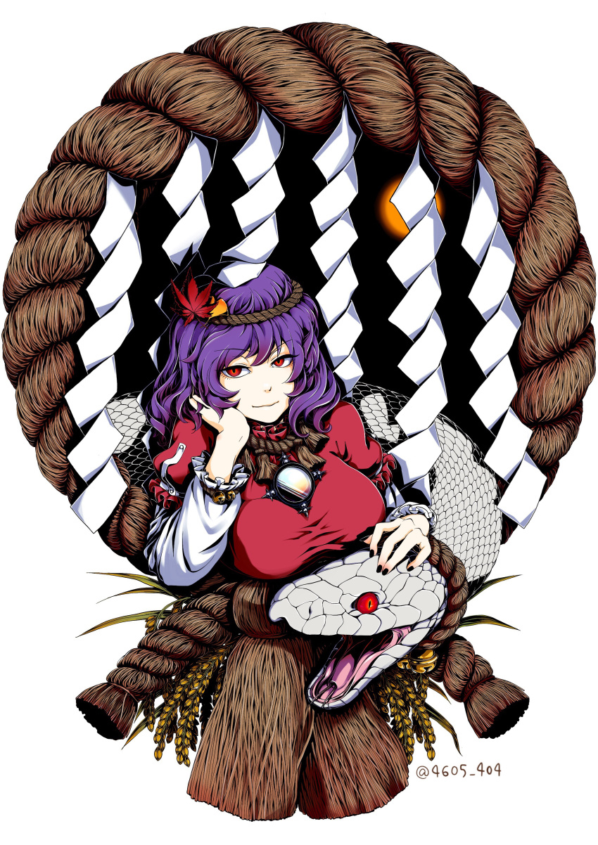1girl absurdres breasts closed_mouth hair_ornament half-closed_eyes highres large_breasts leaf_hair_ornament mirror puffy_short_sleeves puffy_sleeves purple_hair red_eyes rope shide shimenawa shiratama_(irodoli) short_sleeves simple_background smile snake solo touhou twitter_username upper_body white_background white_snake yasaka_kanako