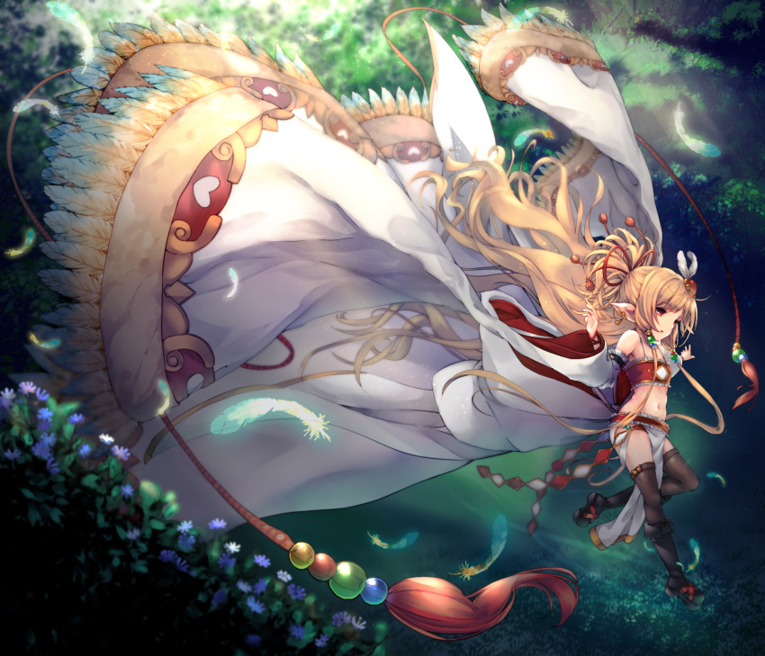 1girl bare_shoulders black_footwear black_legwear blonde_hair coffee1223 earrings feathers flat_chest flower from_side full_body granblue_fantasy hair_ornament harbin highres jewelry leg_up loincloth long_hair makira_(granblue_fantasy) navel parted_lips pointy_ears ponytail red_eyes solo sunlight thigh-highs very_long_hair