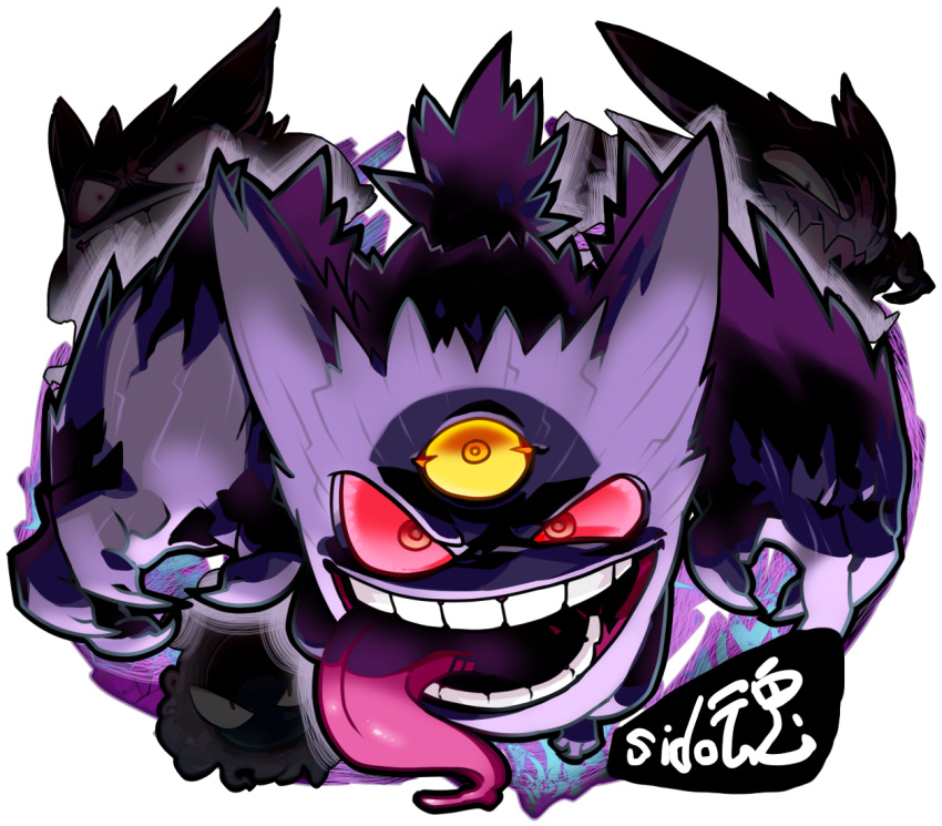 commentary_request evil_smile gastly gengar haunter looking_at_viewer mega_gengar mega_pokemon no_humans pokemon pokemon_(creature) red_eyes red_sclera sido_(slipknot) signature smile solo teeth third_eye tongue tongue_out