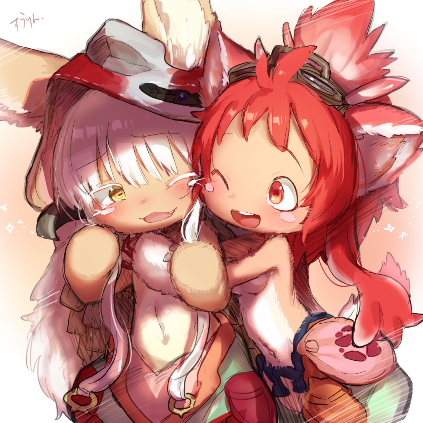 2girls ;d blush blush_stickers happy hug looking_at_another made_in_abyss mitty_(made_in_abyss) multiple_girls nanachi_(made_in_abyss) one_eye_closed open_mouth smile suurin_(ksyaro)