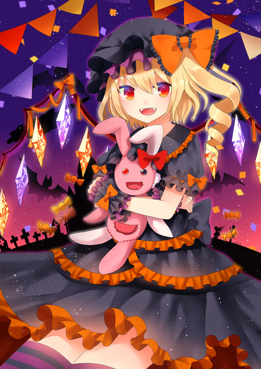 3girls :d alternate_costume bat bat_wings black_dress blonde_hair bow candy cross dress fangs flandre_scarlet food frilled_dress frills gothic_lolita gradient_sky halloween hat hat_ribbon highres izayoi_sakuya knife layered_dress light_particles lolita_fashion looking_at_viewer mob_cap multiple_girls night open_mouth orange_bow outdoors puffy_short_sleeves puffy_sleeves red_eyes remilia_scarlet ribbon sakipsakip short_hair short_sleeves side_ponytail silhouette sitting smile solo_focus spear_the_gungnir streamers striped striped_legwear stuffed_animal stuffed_bunny stuffed_toy touhou wings wrist_cuffs