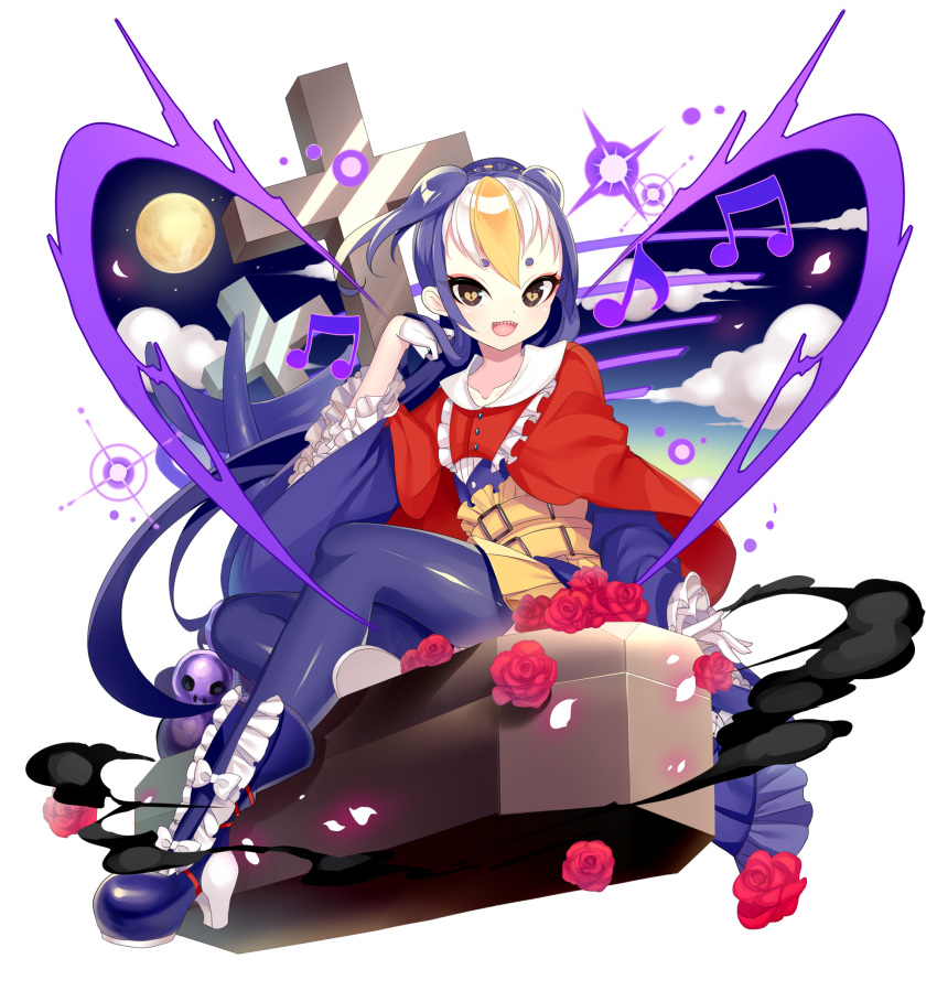 1girl beamed_quavers black_eyes blonde_hair blue_hair blue_legwear coffin cross flower full_body full_moon garchomp gloves hand_up heart heart_eyes highres kuro_guren looking_at_viewer moon musical_note personification pokemon rose sharp_teeth sitting solo teeth thigh-highs white_gloves white_hair