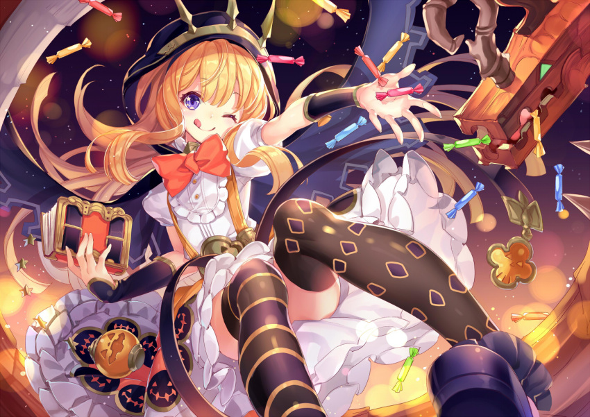 1girl ;q achan_(blue_semi) black_legwear blonde_hair blue_footwear blush book bow cagliostro_(granblue_fantasy) cape closed_mouth eyebrows_visible_through_hair granblue_fantasy halloween holding holding_book hood jack-o'-lantern long_hair mismatched_legwear one_eye_closed orange_bow outstretched_arm puffy_short_sleeves puffy_sleeves shirt short_sleeves sitting skirt smile star_in_eye suspenders thigh-highs tongue tongue_out very_long_hair violet_eyes white_shirt wrapped_candy