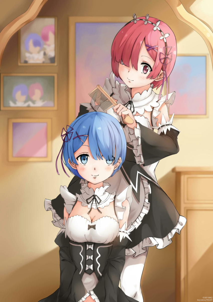 apron blue_eyes blue_hair breasts cleavage comb detached_sleeves frilled_sleeves frills hair_brushing hair_ornament hair_over_one_eye highres indoors maid maid_headdress painting_(object) pink_eyes pink_hair purple_ribbon ram_(re:zero) re:zero_kara_hajimeru_isekai_seikatsu rem_(re:zero) ribbon ribbon-trimmed_sleeves ribbon_trim short_hair siblings sisters smile sukai_makatsu thigh-highs twins underbust waist_apron white_legwear x_hair_ornament