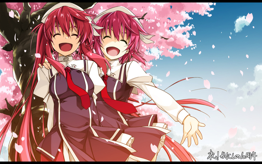 2girls arms_behind_back blue_sky cherry_blossoms closed_eyes cowboy_shot day floating_hair from_below hand_on_another's_shoulder hat highres long_hair multiple_girls open_mouth original outdoors outstretched_arm pink_hair redhead shikei sky smile tree very_long_hair white_hat