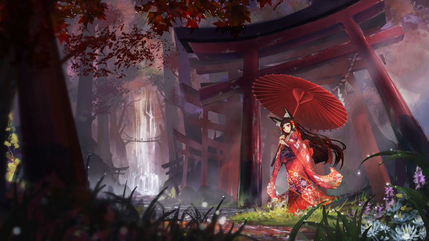1girl animal_ears bangs black_hair blunt_bangs blurry bridge closed_mouth commentary_request depth_of_field dew_drop floral_print flower fog fox_ears furisode grass hair_flower hair_ornament hime_cut holding holding_umbrella irusu_(kakimiira) japanese_clothes kimono light_rays long_hair long_sleeves looking_at_viewer looking_to_the_side obi oriental_umbrella original outdoors parasol print_kimono purple_flower red_eyes red_flower red_kimono red_umbrella river rope sash scenery shide shimenawa smile standing straight_hair torii tree umbrella very_long_hair water water_drop waterfall white_flower wide_sleeves