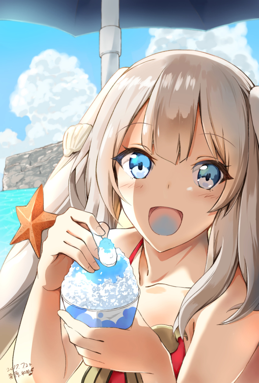 1girl 2017 :d beach blue_eyes blue_sky blush clouds collarbone dated eyebrows_visible_through_hair fate/grand_order fate_(series) hair_ornament highres holding holding_spoon kurihara_kazuake long_hair marie_antoinette_(fate/grand_order) open_mouth outdoors shaved_ice silver_hair sky smile solo twintails upper_body