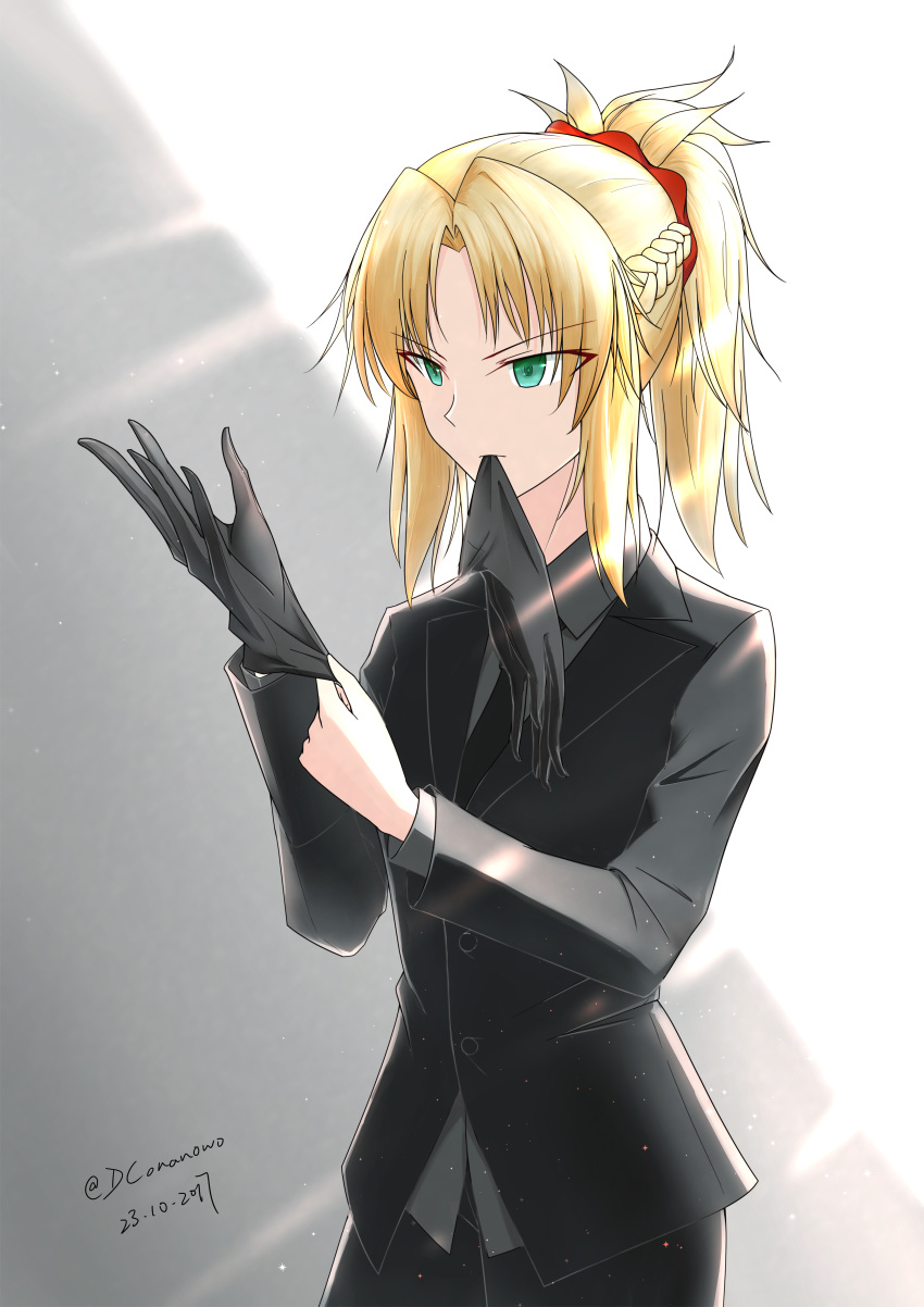1girl 2017 absurdres black_gloves blonde_hair braid cowboy_shot dated dconan_owo eyes_visible_through_hair fate/apocrypha fate_(series) formal french_braid glove_in_mouth glove_pull gloves green_eyes highres long_hair mouth_hold ponytail saber_of_red solo suit twitter_username white_background