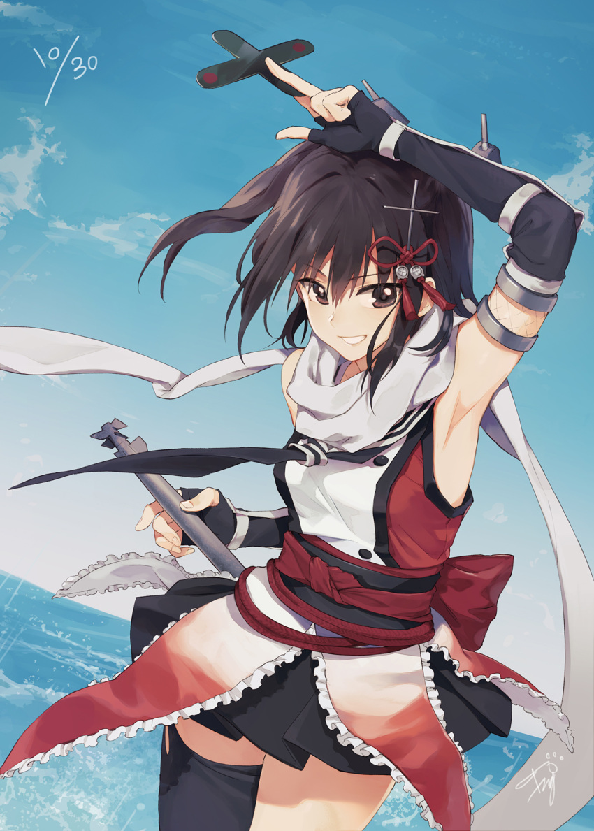 1girl armpits bare_shoulders between_fingers black_gloves black_legwear black_neckwear black_skirt blue_sky blush bow brown_eyes brown_hair cowboy_shot dated day elbow_gloves eyebrows_visible_through_hair frills gloves hair_between_eyes hair_ornament hairpin highres holding horizon kantai_collection looking_at_viewer miniskirt neckerchief ocean open_mouth outdoors pleated_skirt red_bow sash scarf sendai_(kantai_collection) single_thighhigh skirt sky sleeveless solo standing tassel thigh-highs torpedo tugo water white_scarf