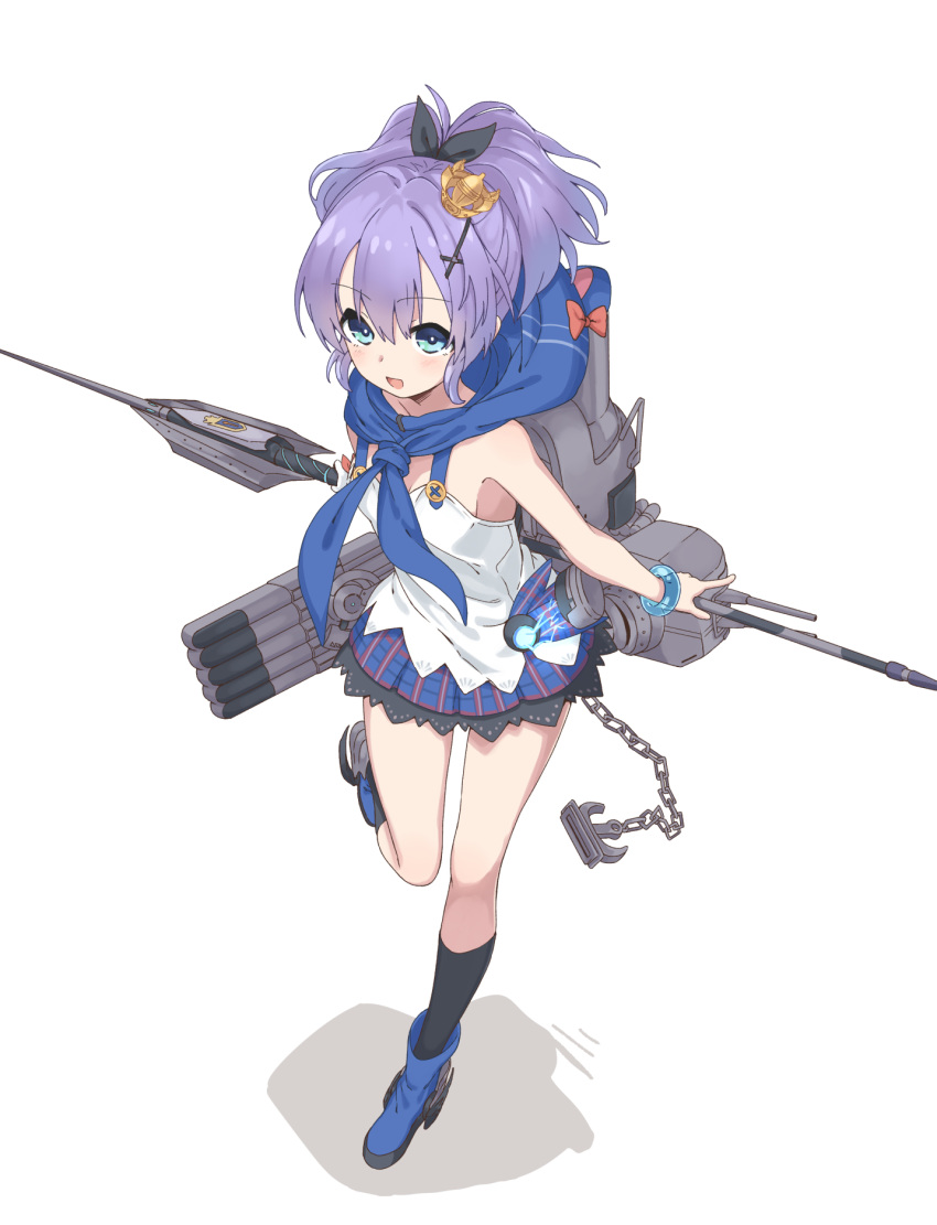 anchor aqua_eyes armband azur_lane black_ribbon blouse blue_cape boots bracelet camisole cape chains commentary_request cross_hair_ornament crown full_body gloves hair_ornament hairclip highres javelin_(azur_lane) jewelry lace lace-trimmed_skirt lavender_hair looking_at_viewer machinery mini_crown neme1228 open_mouth plaid plaid_skirt polearm ponytail ribbon simple_background skirt spear split_ponytail standing standing_on_one_leg torpedo torpedo_tubes turret weapon white_background