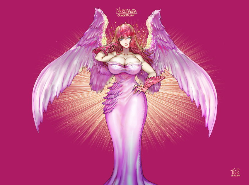 1girl angel_wings bangs bare_shoulders blue_eyes blush breasts character_name cleavage closed_mouth commentary dated detached_sleeves dress eyebrows_visible_through_hair hand_on_hip highres hips large_breasts lipstick long_dress long_hair looking_at_viewer makeup nanatsu_no_taizai nerobasta pink_background pink_hair purple_dress red_lipstick revision signature simple_background smile solo sparkle standing the_golden_smurf white_background wings