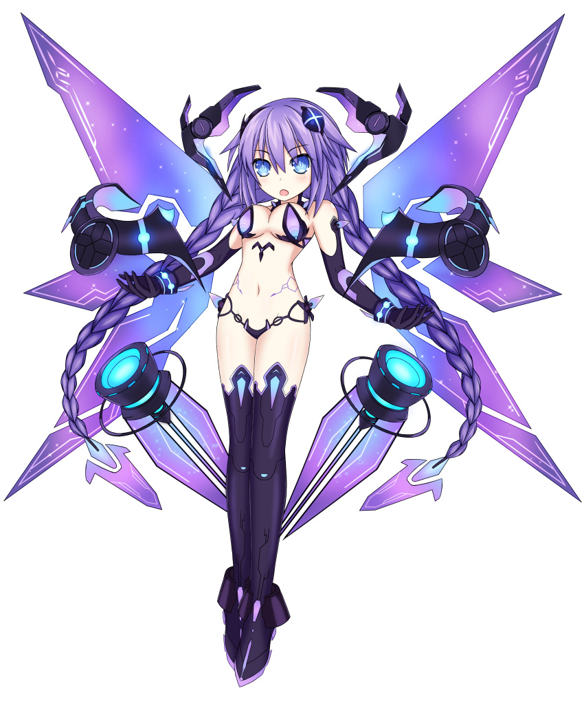 1girl :o absurdres blue_eyes boots braid breasts cleavage elbow_gloves full_body gloves highres long_hair medium_breasts navel nepnep_connect:_chaos_chanpuru nepsuka_(hachisuka) neptune_(series) power_symbol purple_hair purple_heart purple_heart_(chaos_form) simple_background solo symbol-shaped_pupils thigh-highs thigh_boots twin_braids twintails very_long_hair white_background wings