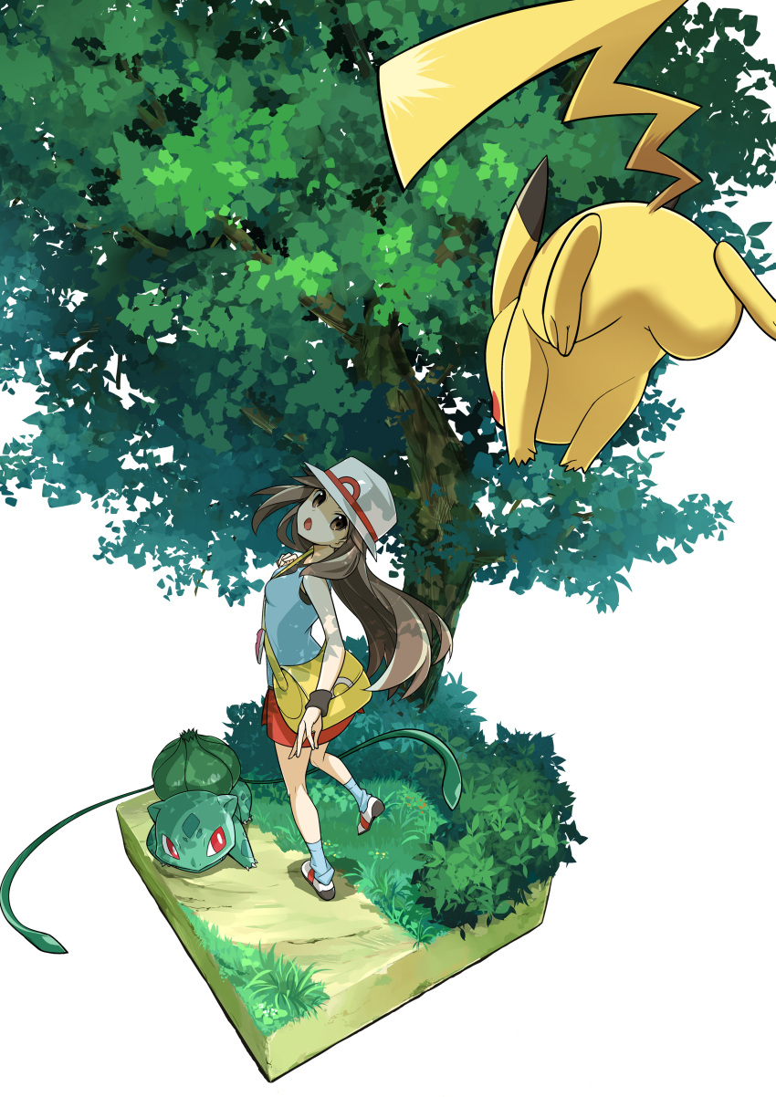 1girl :o absurdres bag blue_(pokemon) breasts brown_eyes brown_hair bulbasaur commentary_request full_body grass hat highres looking_at_viewer looking_back open_mouth pikachu pokemon pokemon_(creature) pokemon_(game) pokemon_frlg red_skirt shirt simple_background skirt sleeveless sleeveless_shirt sun_hat tree white_background wristband