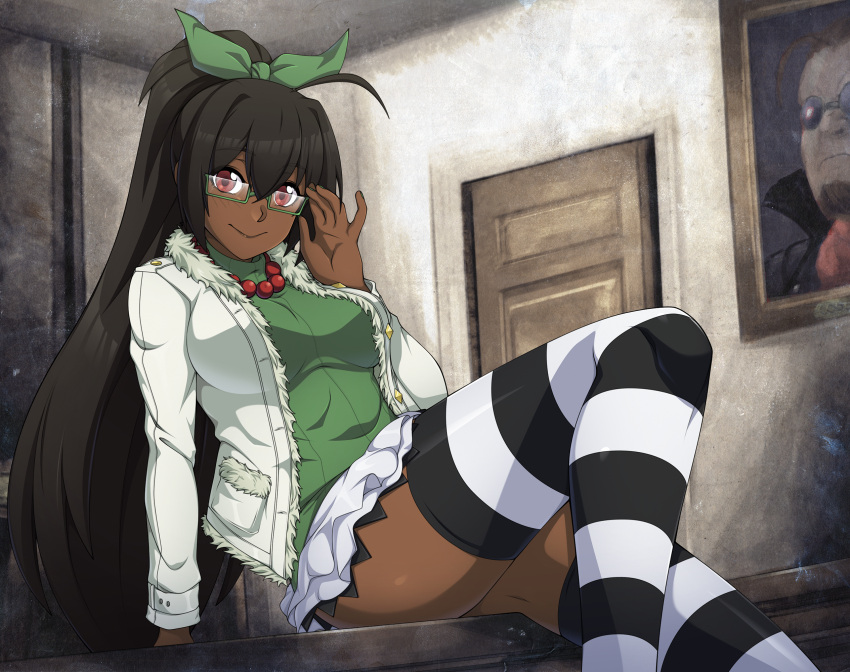 1girl ahoge black_hair borrowed_character bow breasts commentary commission cyron_tanryoku dark_skin desk eyebrows_visible_through_hair fur_trim green-framed_eyewear green_bow hair_bow highres huge_ahoge jacket jewelry large_breasts long_hair looking_at_viewer miniskirt necklace on_desk original pearl_necklace ponytail red_eyes sitting skirt smile solo spike_wible striped striped_legwear sweater thigh-highs turtleneck turtleneck_sweater under-rim_eyewear very_dark_skin white_jacket