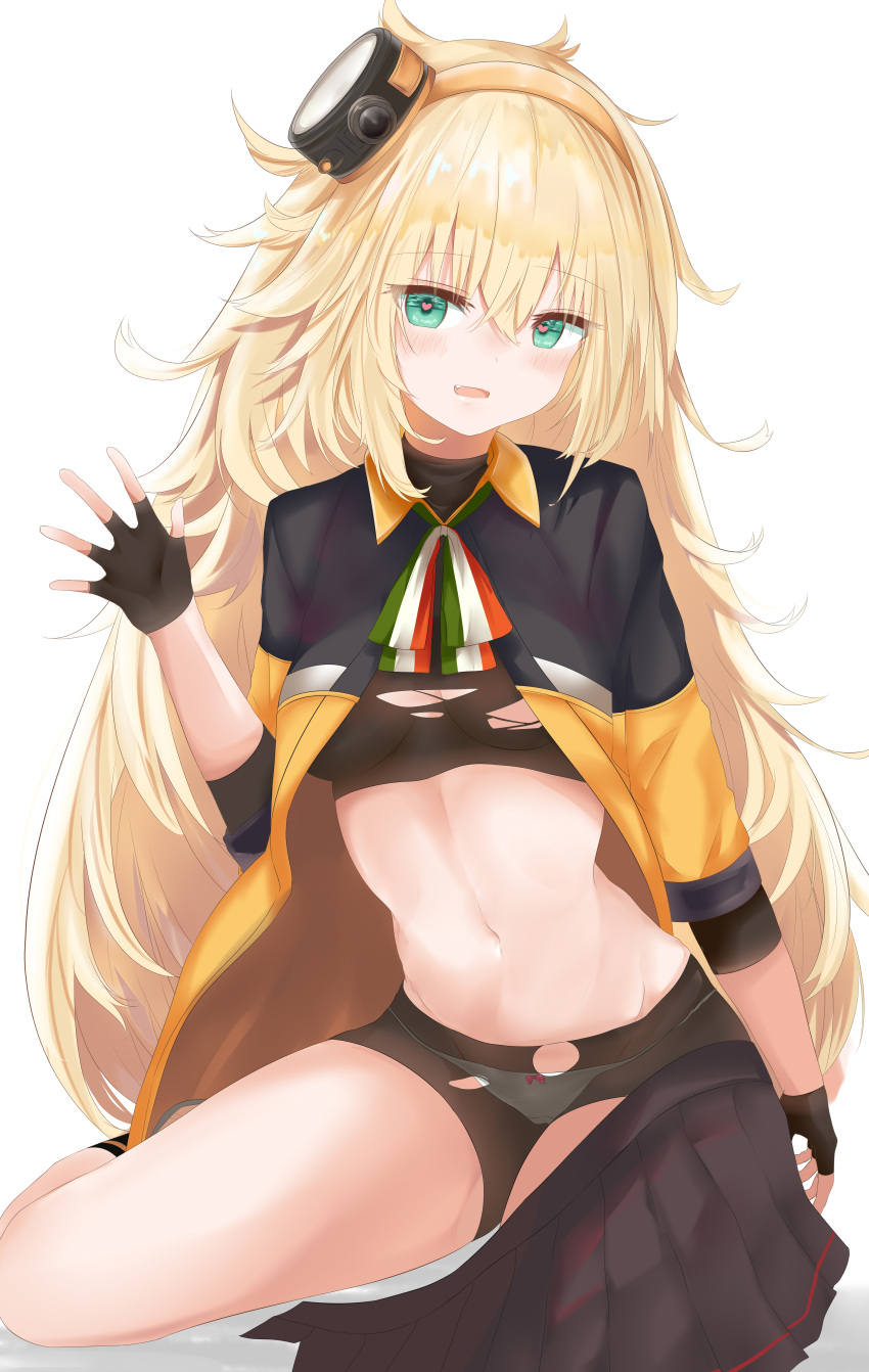 1girl absurdres bike_shorts black_gloves black_shorts black_skirt blonde_hair blush bow bow_panties breasts crop_top eyebrows_visible_through_hair fang fingerless_gloves girls_frontline gloves green_eyes hair_between_eyes hairband heart heart-shaped_pupils highres long_hair looking_at_viewer medium_breasts midriff navel open_mouth orange_hairband panties panties_under_bike_shorts pink_bow pleated_skirt ru_zhai shorts simple_background sitting skirt skirt_around_one_leg solo stomach symbol-shaped_pupils torn_clothes torn_shorts underwear very_long_hair white_background