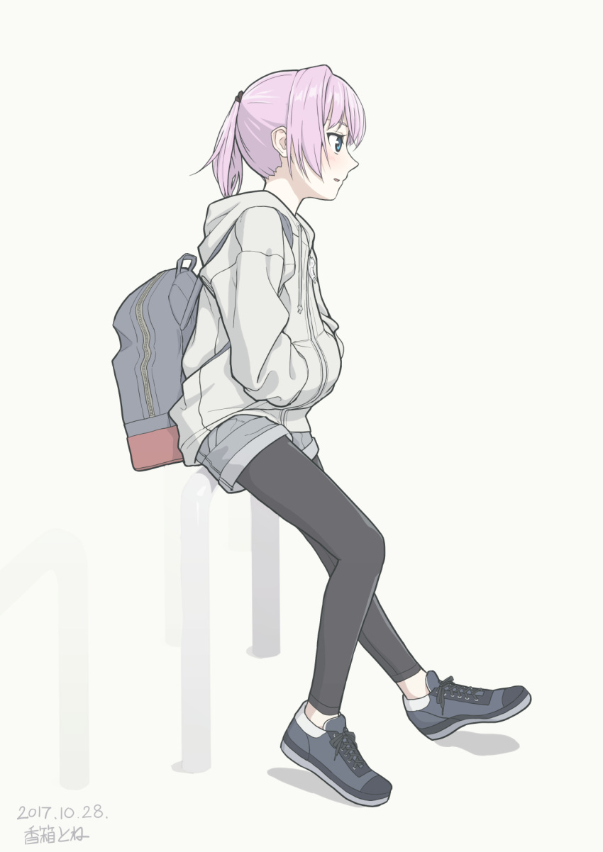 1girl against_railing artist_name backpack bag bangs beige_background black_legwear blue_eyes cat_zipper commentary_request dated from_side full_body grey_shorts hands_in_pocket highres hood hood_down hooded_jacket jacket kantai_collection koubakotone leggings long_sleeves looking_ahead no_socks parted_lips pink_hair pocket pointy_nose ponytail railing shiranui_(kantai_collection) shoes short_shorts shorts sidelocks sneakers solo zipper