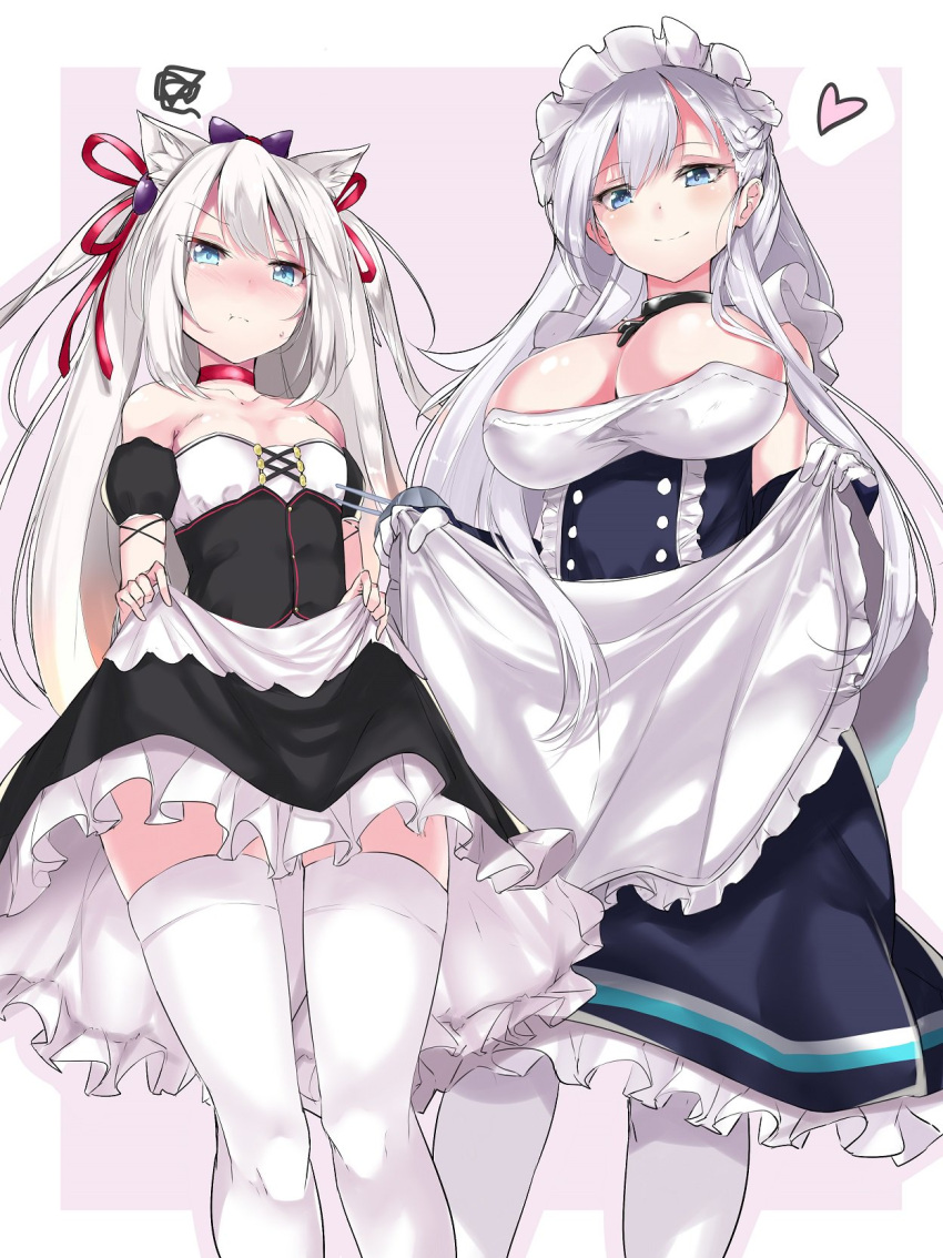 2girls :t animal_ears apron azur_lane bangs bare_shoulders belfast_(azur_lane) black_dress blue_eyes blush bow braid breasts buttons chains choker cleavage collar collarbone commentary_request detached_puffy_sleeves dress dress_lift french_braid frilled_skirt frills from_below gloves hair_between_eyes hair_bow hair_ornament hair_ribbon hammann_(azur_lane) heart highres large_breasts lifted_by_self long_hair looking_at_viewer maid maid_apron maid_headdress multiple_girls namuru_(kurinton) pout purple_bow red_ribbon ribbon silver_hair simple_background skirt skirt_lift small_breasts smile spoken_heart spoken_squiggle squiggle strapless sweatdrop thigh-highs tsurime turret two_side_up upskirt very_long_hair white_gloves white_hair white_legwear