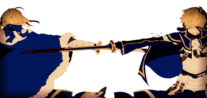 1girl ahoge artoria_pendragon_(all) bangs belt belt_buckle blonde_hair blue_cape blue_ribbon braid breastplate buckle cape closed_eyes commentary_request excalibur excalibur_(fate/prototype) facing_away facing_viewer fate/prototype fate_(series) faulds fur_trim gloves gorget hair_between_eyes hair_bun hair_ribbon highres hiiragi_fuyuki holding holding_sword holding_weapon ribbon saber saber_(fate/prototype) simple_background smile standing sword weapon white_background