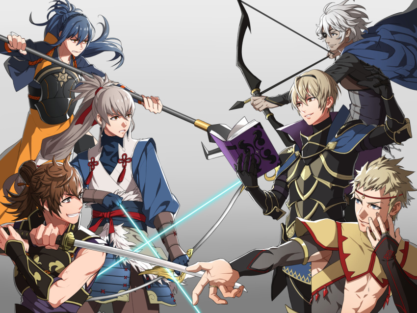 1girl 5boys arrow blonde_hair blue_eyes blue_hair book bow_(weapon) brown_eyes brown_hair brynhildr_(tome) cape dark_skin eyepatch fire_emblem fire_emblem_if fur_trim fuujin_yumi gloves grey_background grey_hair hinata_(fire_emblem_if) japanese_clothes katana leon_(fire_emblem_if) long_hair minato_(robin) multiple_boys oboro_(fire_emblem_if) odin_(fire_emblem_if) ponytail simple_background sword takumi_(fire_emblem_if) teeth weapon white_hair zero_(fire_emblem_if)