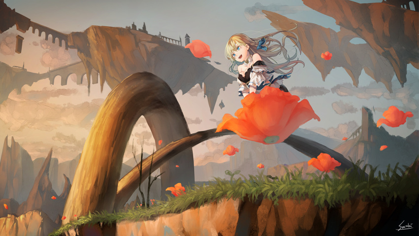 1girl :d bangs bare_shoulders blonde_hair blue_bow blue_eyes blue_sky bow braid breasts bridge building clouds collarbone commentary_request detached_collar dress fantasy floating_island flower gradient_sky grass hair_between_eyes hair_bow highres long_hair looking_away medium_breasts mountain off-shoulder_dress off_shoulder open_mouth orange_flower orange_sky original outdoors saraki scenery signature sky smile solo tower v_arms white_dress wind