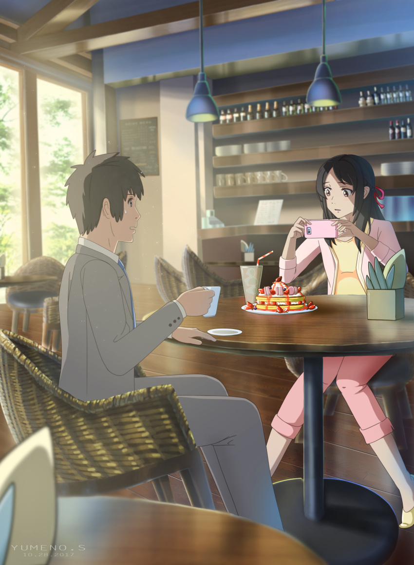 1boy 1girl absurdres artist_name black_hair blue_eyes blue_neckwear braid brown_eyes brown_hair cellphone cup dated food formal french_braid glass hair_ribbon highres holding holding_cup holding_phone kimi_no_na_wa miyamizu_mitsuha older open_mouth pancake phone red_ribbon restaurant ribbon sidelocks sitting smartphone straw suit sweatdrop tachibana_taki window