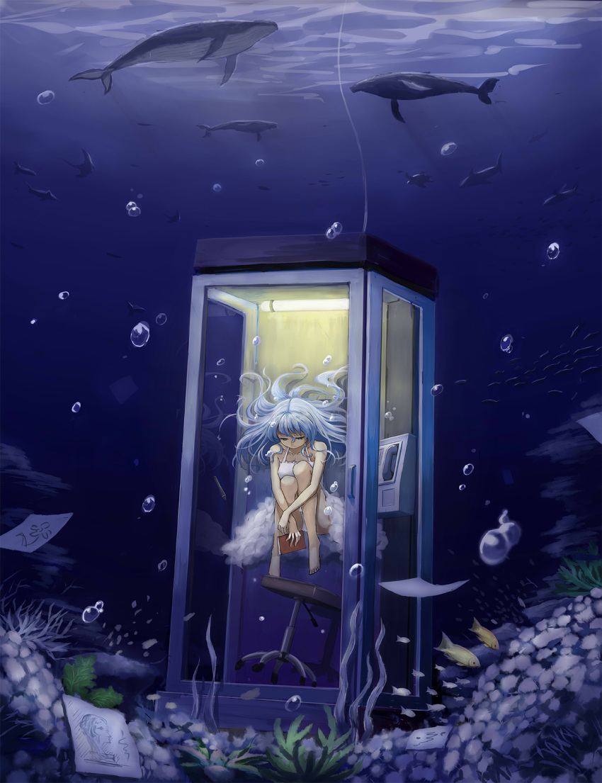 1girl blue_hair bubble dress fish floating floating_hair highres humpback_whale l-tao long_hair manta_ray notebook original paper pen phone phone_booth shark solo stool surreal underwater whale white_dress