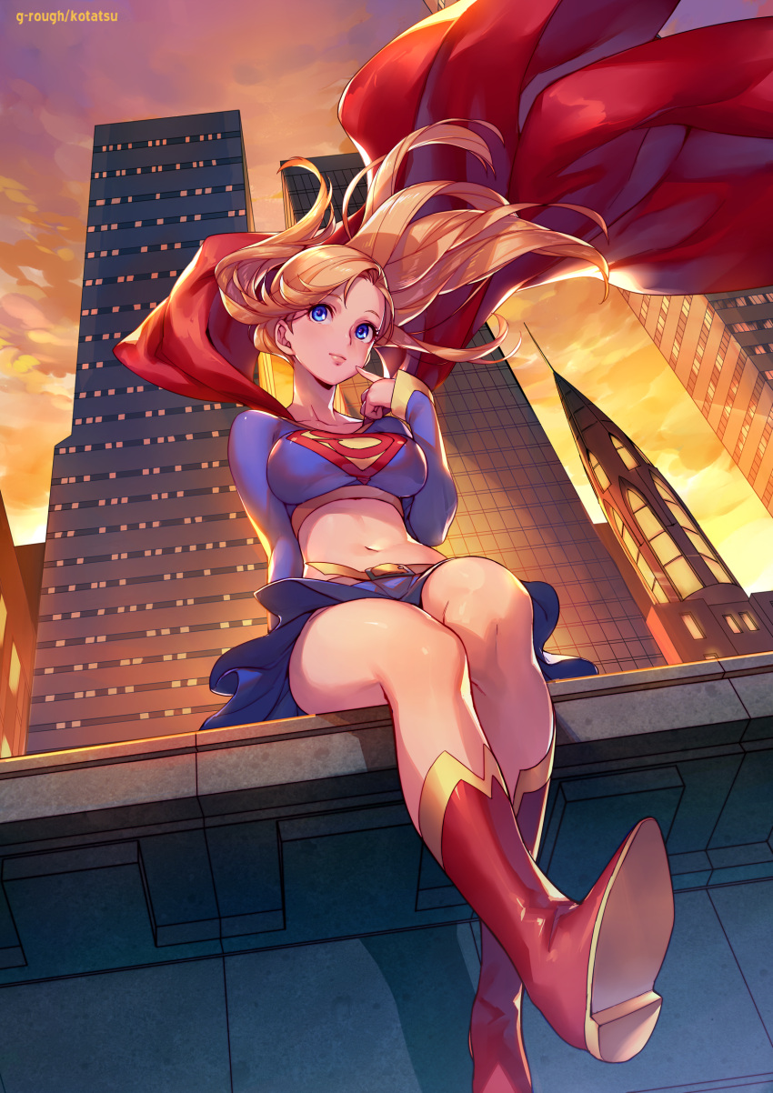 1girl arm_support artist_name bangs belt blue_eyes blue_skirt blush breasts building cape cityscape closed_mouth commentary_request cropped_shirt day dc_comics feet_out_of_frame floating_hair from_below full_body highres kotatsu_(g-rough) legs_together long_hair long_sleeves looking_at_viewer medium_breasts midriff navel outdoors pink_lips pleated_skirt red_cape sitting skirt skyscraper solo sunset supergirl superhero yellow_sky