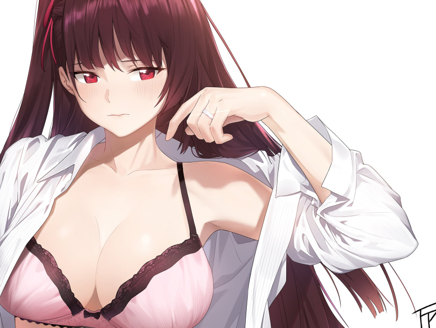 1girl arm_up blush bra breasts cleavage closed_mouth fpanda girls_frontline glint hair_ribbon highres jewelry large_breasts lips long_hair long_sleeves off_shoulder one_side_up open_clothes open_cuffs open_shirt pink_bra purple_hair red_eyes ribbon ring shirt simple_background solo tsurime underwear upper_body wa2000_(girls_frontline) wavy_mouth wedding_band white_background