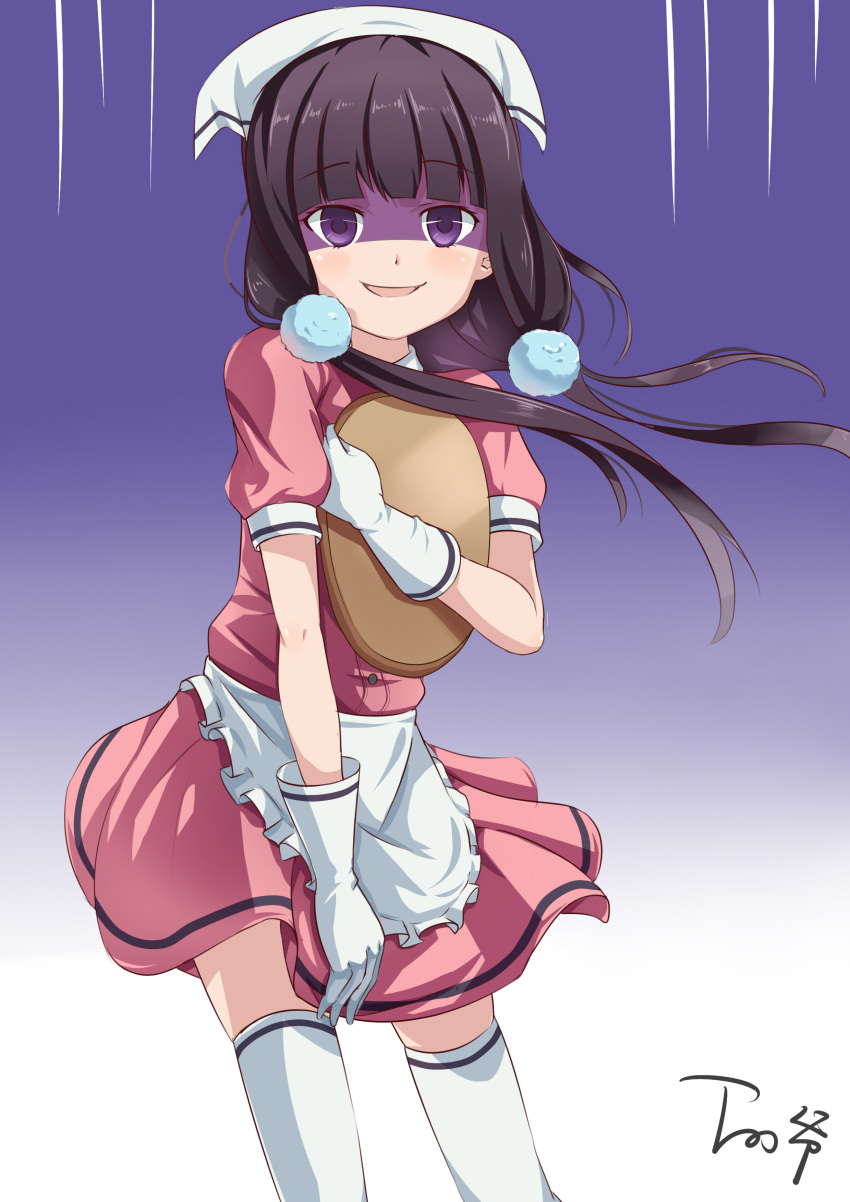 1girl absurdres apron bangs blend_s blunt_bangs blush evil_smile eyebrows_visible_through_hair frilled_apron frills gloves gradient gradient_background hair_ornament head_scarf highres holding holding_tray long_hair looking_at_viewer parted_lips pink_shirt pink_skirt puffy_short_sleeves puffy_sleeves purple_background purple_hair sakuranomiya_maika shaded_face shirt short_sleeves signature simple_background skirt smile solo standing thigh-highs tray uniform violet_eyes waist_apron waitress white_apron white_background white_gloves white_legwear