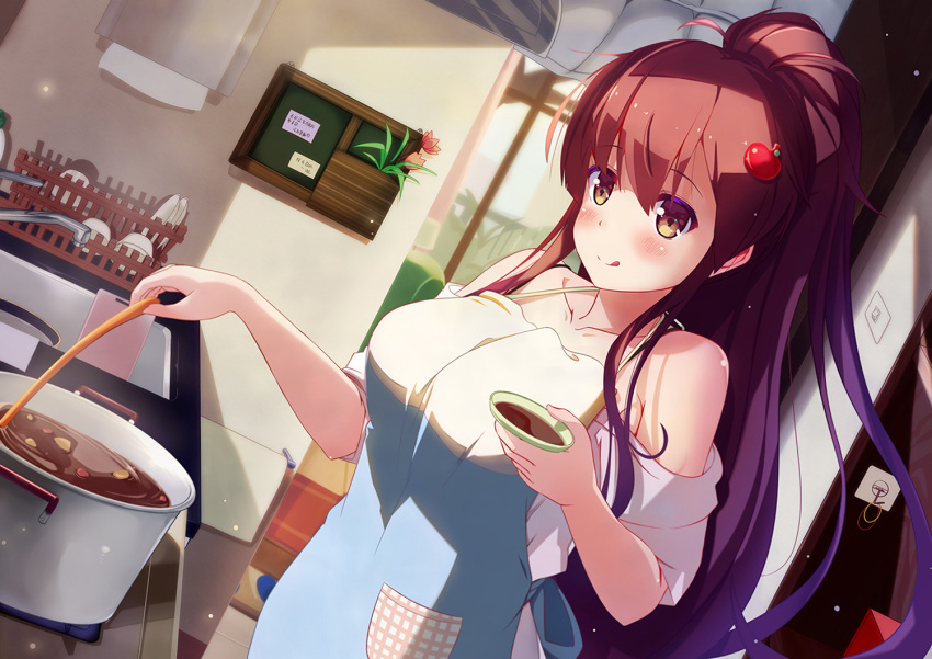 1girl apple_hair_ornament apron breasts brown_eyes brown_hair cutting_board dishes dutch_angle food food_themed_hair_ornament hair_ornament indoors kitchen ladle lamp large_breasts licking_lips long_hair original pocket ponytail pot sink standing stew tongue tongue_out window zongmao