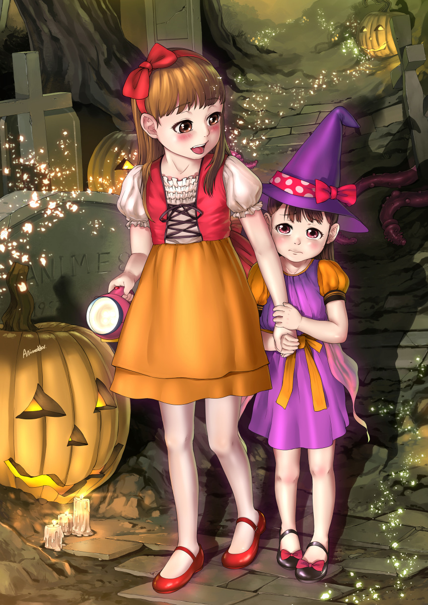 2girls a-801 absurdres blush bow brown_eyes brown_hair candle commentary_request dress flashlight full_body graveyard hair_bow halloween halloween_costume hand_holding hat highres jack-o'-lantern long_hair looking_at_viewer multiple_girls open_mouth original puffy_sleeves siblings sisters tentacle tombstone walking witch_hat