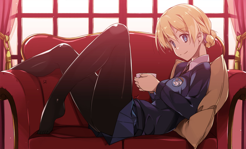 1girl backlighting bangs black_legwear black_neckwear blonde_hair blue_eyes blue_skirt blue_sweater braid breasts closed_mouth collared_shirt couch cup curtains darjeeling emblem eyebrows eyebrows_visible_through_hair from_side girls_und_panzer hair_between_eyes highres holding holding_cup indoors leaning_back legs long_sleeves looking_at_viewer lying medium_breasts miniskirt necktie no_shoes on_back on_couch pantyhose pillow pleated_skirt shikei shiny shiny_clothes shiny_hair shirt short_hair skirt smile solo st._gloriana's_(emblem) st._gloriana's_school_uniform sweater tassel teacup thighs tied_hair v-neck white_shirt window